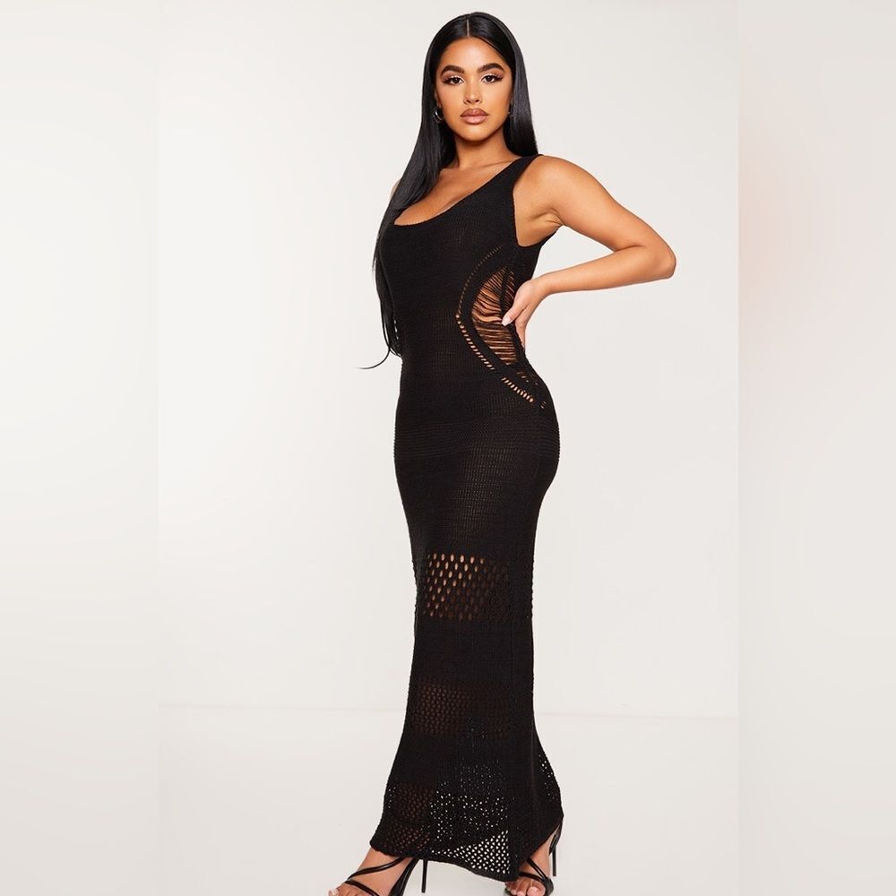 Pretty Little Thing Tall Black Crochet Plunged Maxi Dress Size 4Tall NWT
